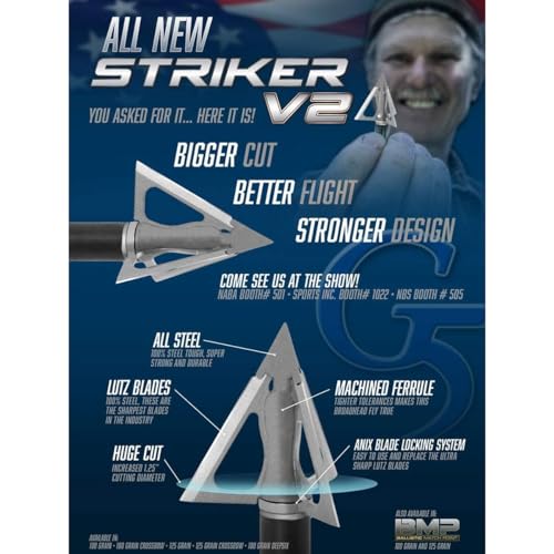 G5 Outdoors G5 Striker V2 Fixed 3-Blade Broadhead 100-Grain, 1.25" Cut, Steel Ferrule