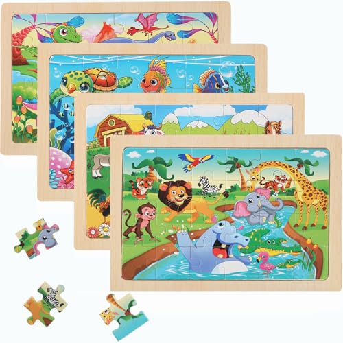 Animal World Wooden Jigsaw Puzzle Set for Kids Ages 4-6 – 4 Pack Educational Toddler Puzzles