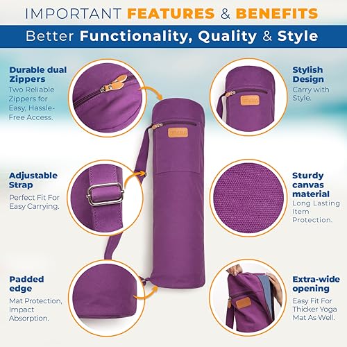 Large Canvas Yoga Mat Bag - Full-Zip with 3 Pockets, Purple