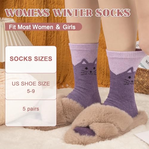 Wool Socks for Women - Cute Cat Crew Socks, 5 Pairs - One Size in Pink, Black, Blue, Grey, Purple