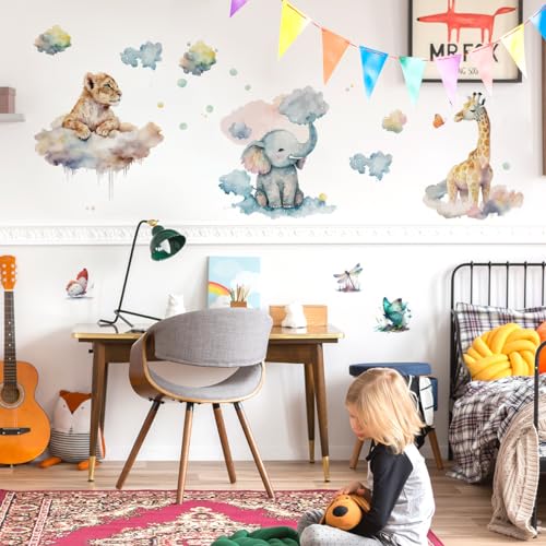Runtoo Safari Animals Wall Decals Watercolor Giraffe Lion Elephant Wall Stickers Kids Bedroom Baby Nursery Wall Decor