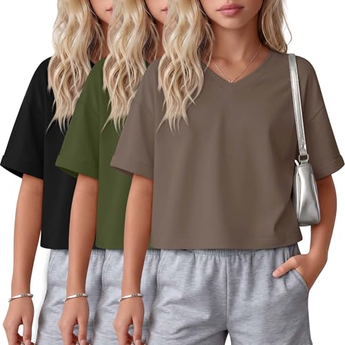 Girls' V-Neck Crop Tops - 3 Pack, Short Sleeve, Various Sizes