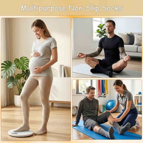 Non-Slip Pilates Crew Socks with Grips - Large - Black, White, Gray, Beige, Navy