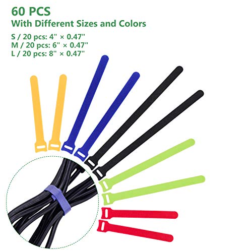 OneLeaf 60Pcs Reusable Cable Ties with Hook and Loop, 3 Sizes Wire