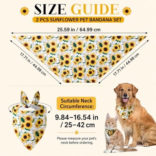 Sunflower Dog Bandanas 2-Pack Adjustable Cotton Scarves for Small to Large Dogs & Cats