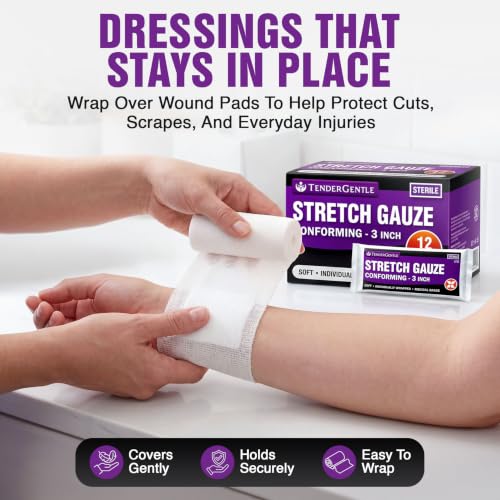 TenderGentle 12 Pack 3-Inch Sterile Conforming Stretch Gauze Rolls for Wounds
