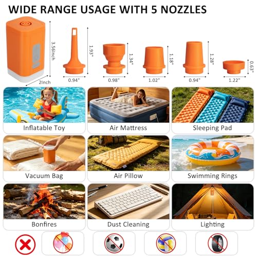 Orange Cordless Electric Vacuum Pump for Storage Bags Travel Pump with Nozzle & Light