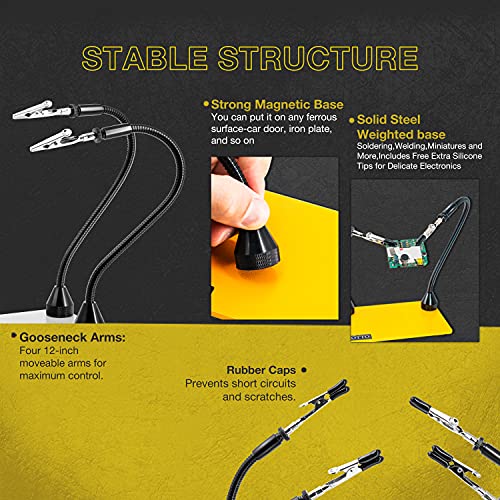 Fstop Labs Third Hand Soldering Tool PCB Holder Four Magnetic Based With Iron Holder, Flexible Metal Arms Helping Hands Crafts Jewelry Hobby Workshop Helping Station Non-Slip Steel Weighted Base