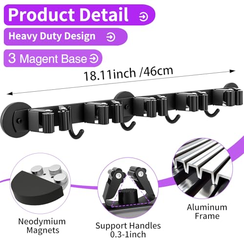 Magnetic Broom Holder Wall Mount - Heavy Duty Non-Slip Mop Hanger with 4 Hooks And 5 Rack, No Drill Tool Organizer for Refrigerator,Garage,Laundry Room (Black, 5Racks 4Hooks)