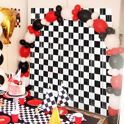 Black and White Checkered Tinsel Backdrop Curtains - 3 Pack