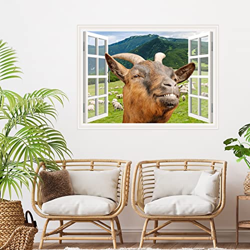 Vinyl Window Decals Funny Goat Wall Art Sticker Peel and Stick Removable 3D Window View Goat Fun Wall Mural Sticker for Kids Bedroom Playroom Office Art Room Decor