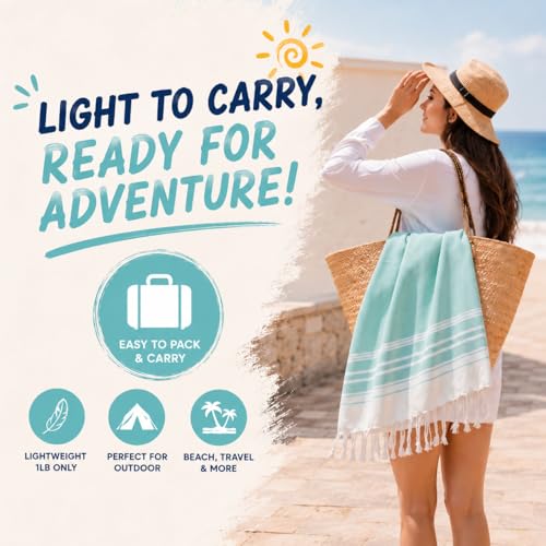 Aqua Turkish Oversized Beach Towel 35x72 Inch - Quick Dry Sand-Free Travel & Pool Accessory