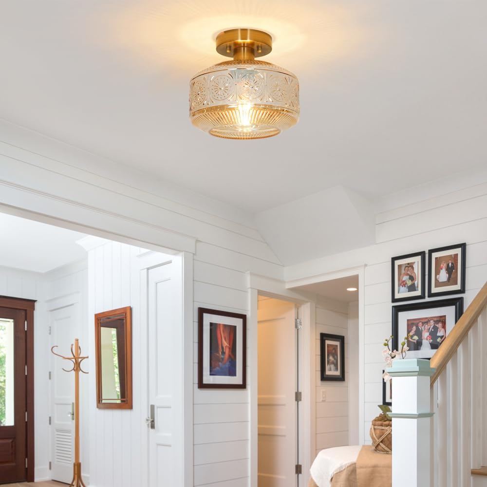 Vintage Semi Flush Mount Ceiling Light Fixture - Brass & Thickened Glass for Hallway, Entryway, Bedroom, Bathroom