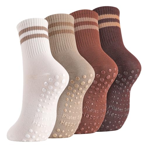Non-Slip Pilates Grippy Socks for Women - One Size, 4 Pairs - Coffee, Brown, Khaki, White