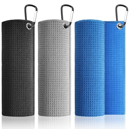 3 Pack Microfiber Golf Towels - 16x16 Inch Club Cleaning Cloths with Carabiners