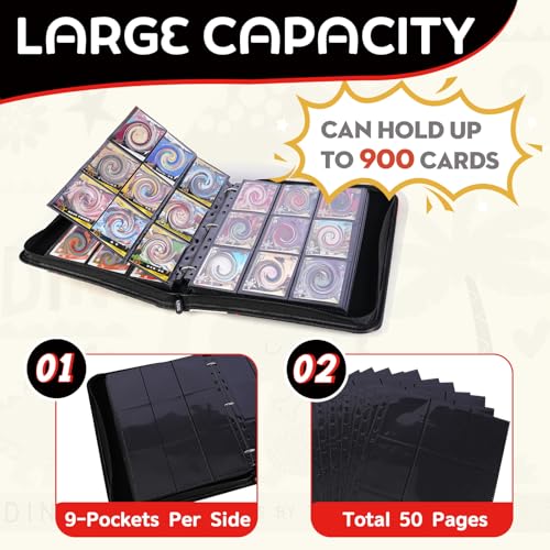 9-Pockets Card Binder 900 Cards with 50 Removable Sleeves, 3-Ring Zipper, LZSIG 4 Elements Black