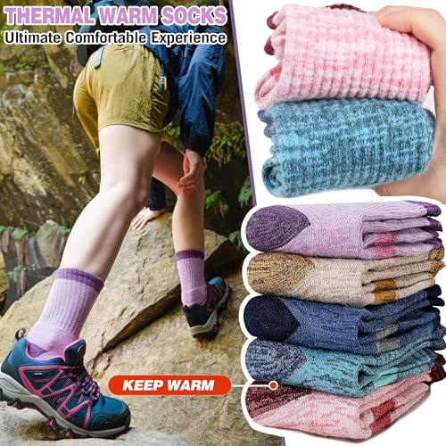 SAVALOS Merino Wool Hiking Socks 5 Pairs - Thermal Warm Moisture-Wicking Crew Socks for Women, Medium / Khaki/Red/Purple/Green/Dark