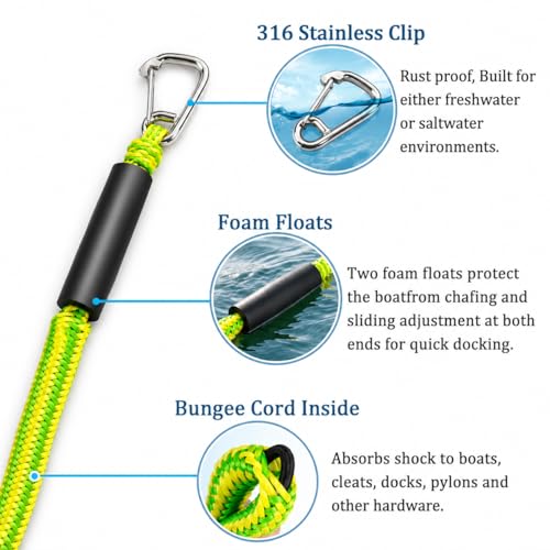 Bungee Dock Lines with Clip End (1 Loop 1 Clip) Green/Yellow – Quick No-K knot Dock Rope for Jet Ski PWC Pontoon