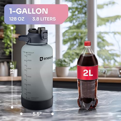 EnergyBud 1 Gallon Water Bottle with Straw, 128 oz, BPA/BPS Free Tritan, Time Markers, 6-in-1 Cap, Includes 2 Cleaning Brushes, Clear & Black