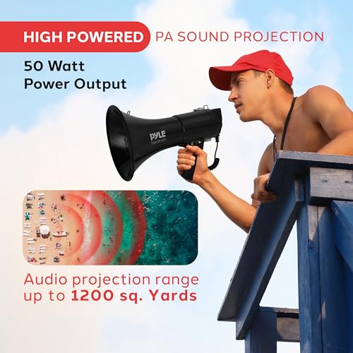 50W Portable Megaphone Bullhorn with Siren & Aux Input - Black