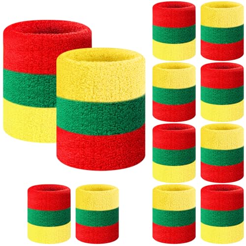 12 Pack Juneteenth Sweat Wristbands - Rasta Red, Yellow, Green