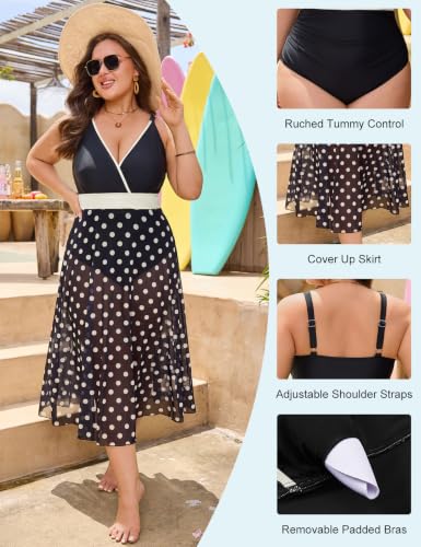 Plus Size Women's One-Piece Swimsuit with Cover Up Skirt - XX-Large Black Dot