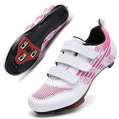Unisex Road Cycling Shoes with Delta Cleats - White/Pink - Sizes 7 Men/9 Women