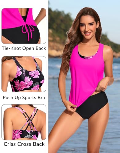 Daci 3-Piece Pink Floral Tankini Swimsuit with Tummy Control and Bikini Bottom - Medium