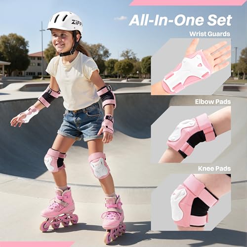 Kids Knee and Elbow Pads Set with Wrist Guards - Adjustable Protective Gear for Skateboarding Biking and More