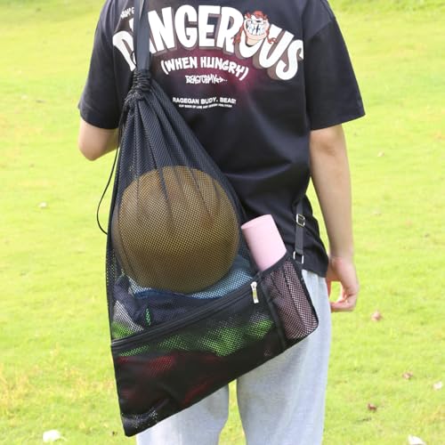 Large Mesh Swim Beach Bag - Drawstring Gym Bag - Black