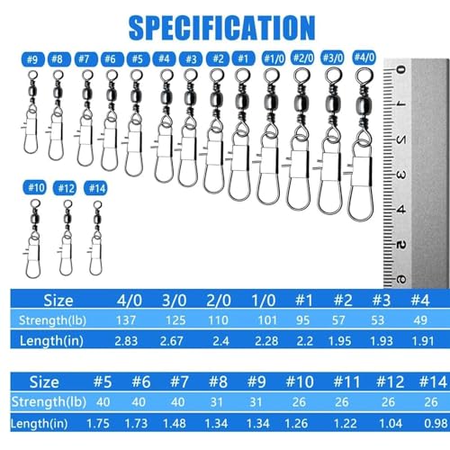 Stainless Steel Fishing Barrel Swivel with Safety Snap - 40LB, 50PCS