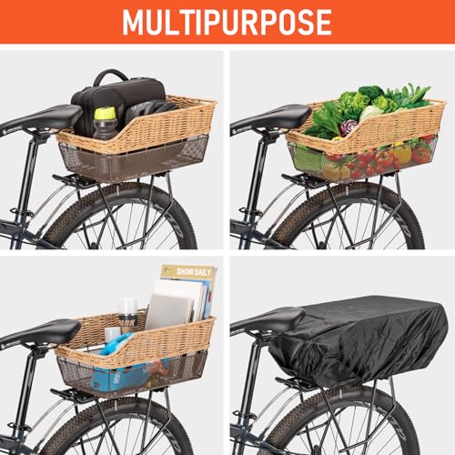 CXWXC Brown Rear Bike Basket - Hand-Woven Large Capacity Cargo Carrier