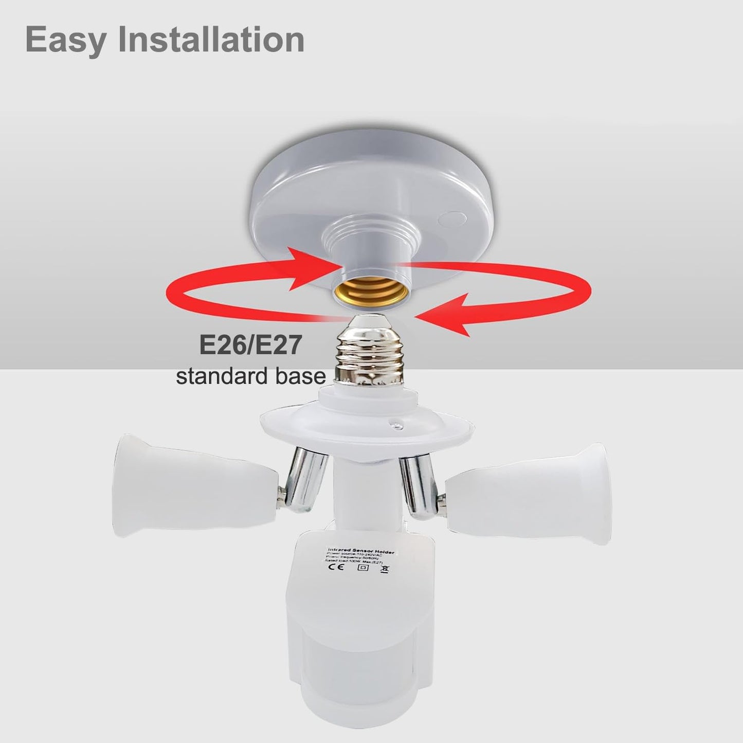 2 in 1 Light Socket Extender with Motion Sensor,Auto On/Off Motion Activated Light Sockets,E26/E27 to 2 Bulb Adapter,360 Degree Rotating 180 Degree Bending Indoor for Garage Basement(2 Pack)