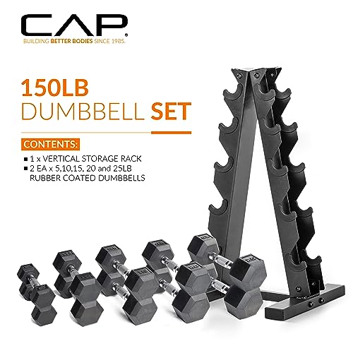 Rubber Hex Dumbbell Set with Vertical Rack - 150 lb Complete Set