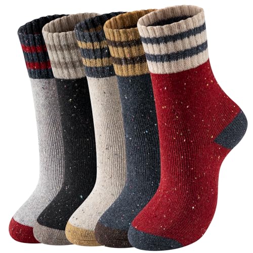 Warm Wool Socks for Women - Cozy Thick Hiking Crew Socks, 5 Pairs Parallel Dot, Size 6-10