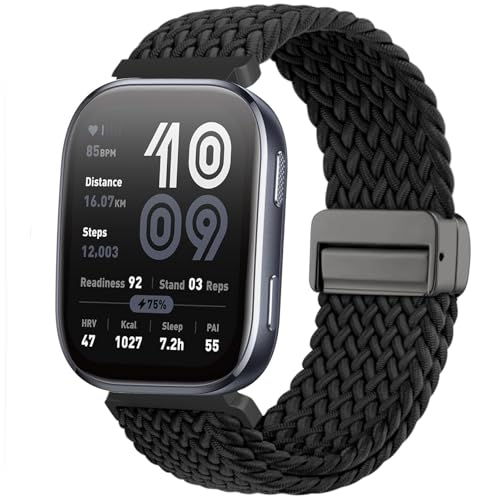 Magnetic Braided Nylon Watch Band - Black, 22mm Elastic Strap for Amazfit Bip & GTR Series