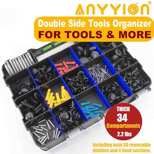 Anyyion Small Parts Organizer, 34-Compartments Double Side parts organizer with Removable Dividers for Hardware, Screws, Bolts, Nails, Beads, Jewelry. (1, Blue)