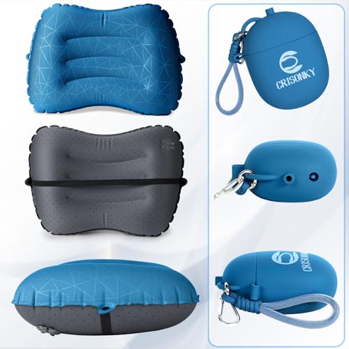 Navy Blue Inflatable Camping Pillow with 2-in-1 Air Pump & Storage Bag