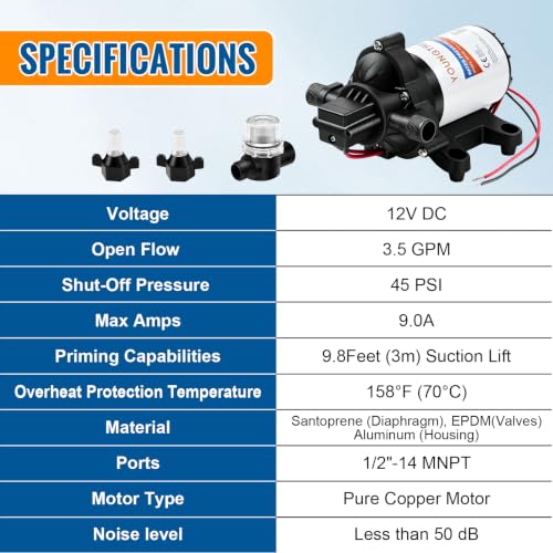 YoungTree 12V RV Water Pump 3.5 GPM 45 PSI Diaphragm Pump Black1