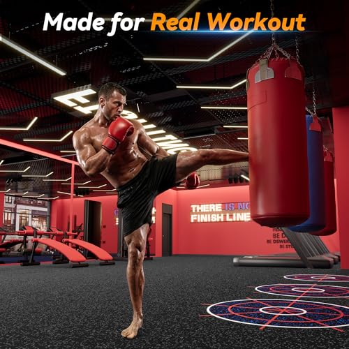 1" Extra-Thick Rubber Gym Mat - 12 Interlocking Tiles, Black/Grey