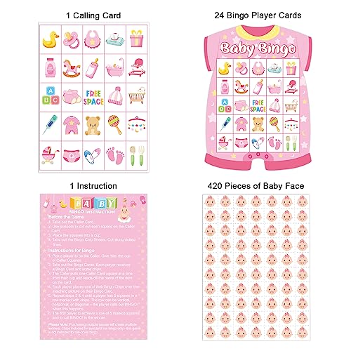Pink Baby Shower Bingo Cards - 24 Player Set with Chips & Instructions