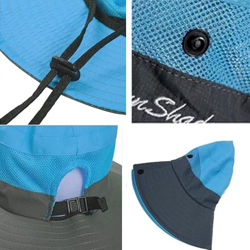 Women's Bucket Hat with Ponytail Hole - UV Protection, Foldable - Medium Blue & Grey