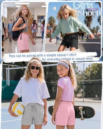 Girls Athletic Shorts - 3 Pack with Pockets, Drawstring, 13-14 Years - Black, Pink, Light Heather Gray