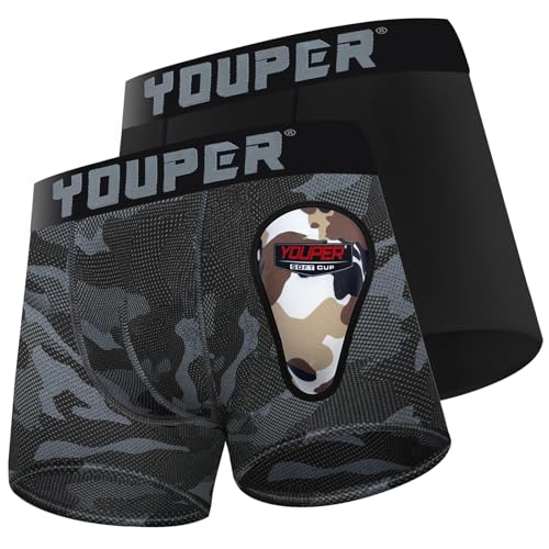 Youper 2 Pack Youth Brief with Soft Protective Athletic Cup — Medium, Black & Camouflage