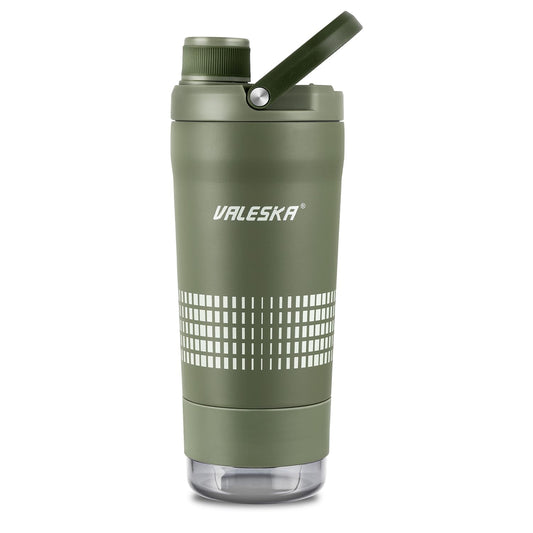 VALESKA Shaker Bottle for Protein Mixes with Storage | 24oz Insulated Stainless Steel Protein Shaker, BPA Free, Leak Proof, Dishwasher Safe, Perfect for Protein Shakes and Pre Workout | Green