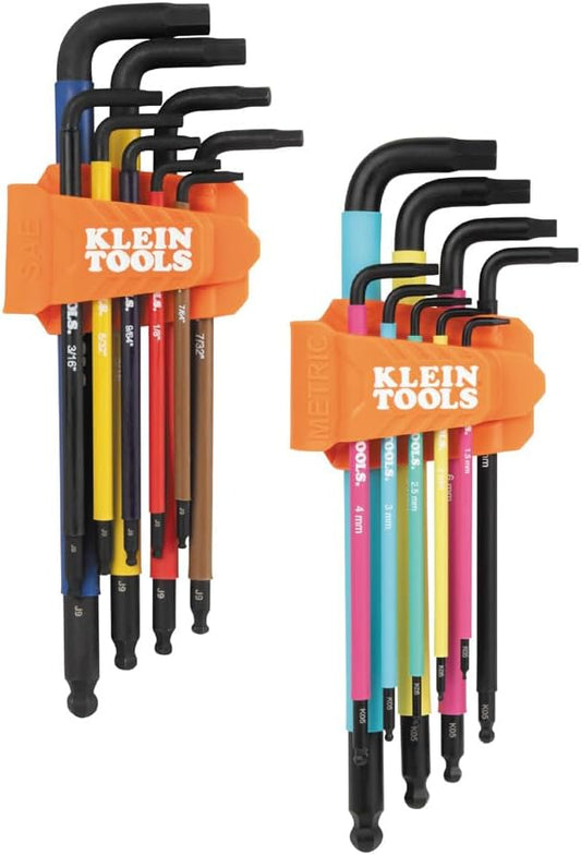 Klein Tools 18-Piece Hex Key Wrench Set - Color Coded, SAE & Metric, Long Arm & Ball End