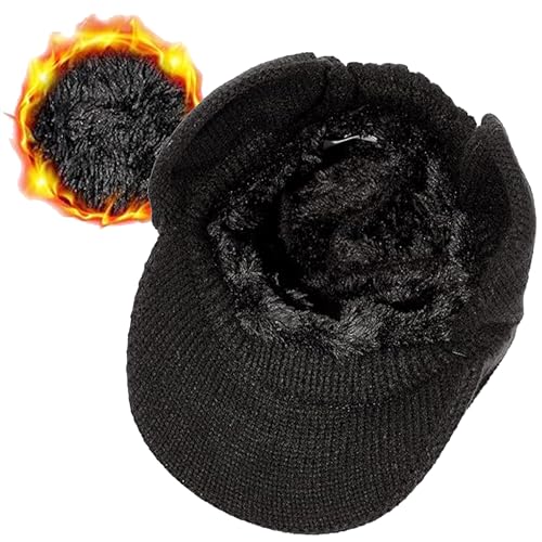 Warm Beanie Hat with Earflap and Visor - One Size, Black