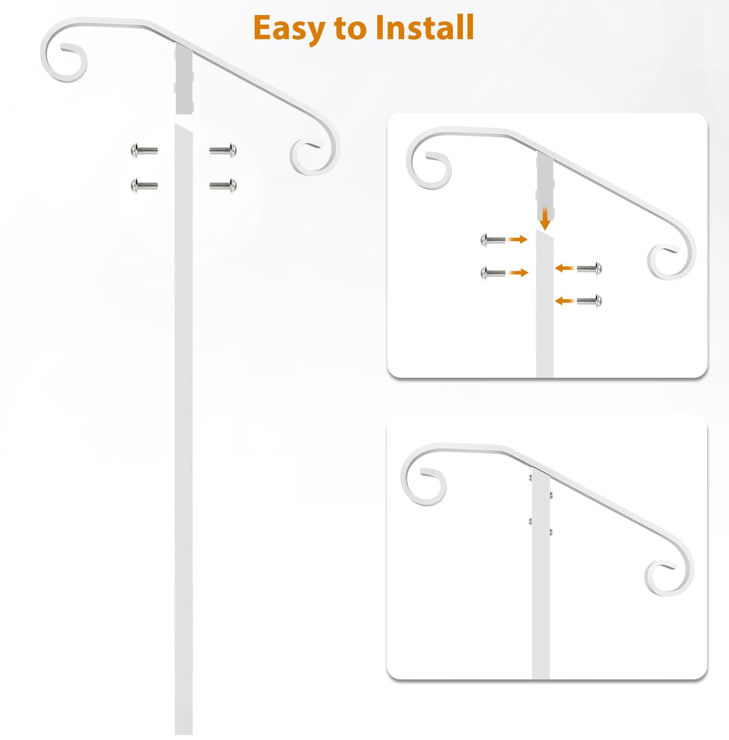 Zwinz Handrail Railing, In-Ground Single Post Handrail, Wrought Iron Stair Handrail Grab Rail for Steps Porch,Sturdy Outdoor Handrails, Long Post Fits 1 or 2 Steps, White