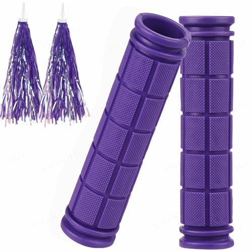 Purple Bike Handle Grips with Tassel Streamers - Non-Slip Rubber
