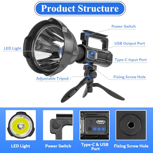 Rechargeable Spotlight Outdoor Handheld Flashlight 2,000,000L, Super Bright Led High Lumens Spot Light with Adjustable Tripod, 4 Modes Battery Powered with USB C, Waterproof for Boat, Camping